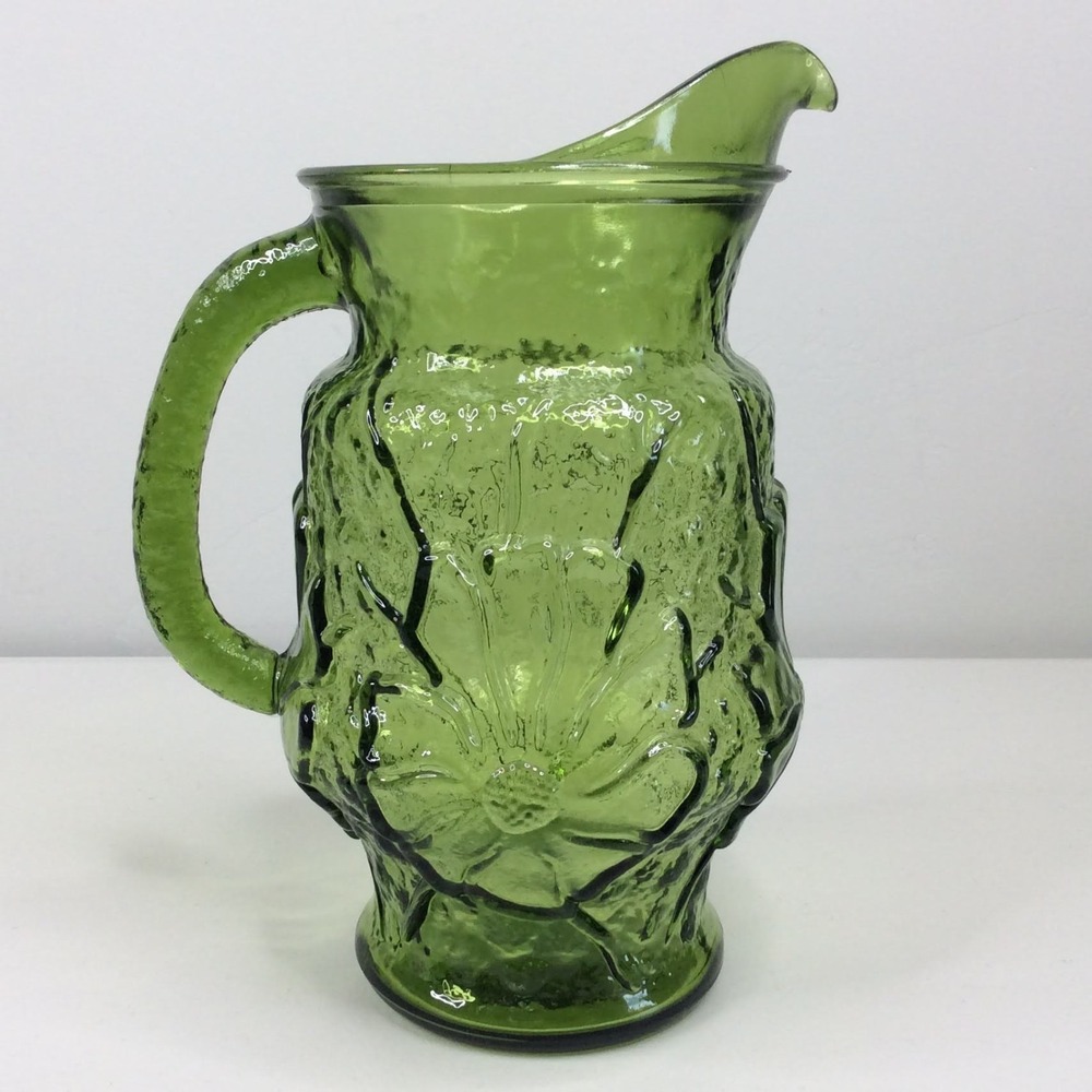 Vintage Anchor Hocking Rain Flower Avocado Green Glass Pitcher 60s 70s MCM